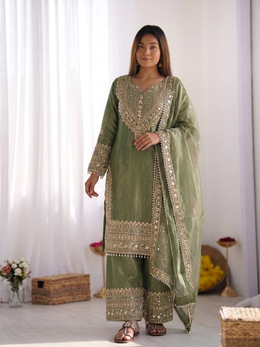 Aqua Green Fendy Silk Embroidery Sequence Work 3-Piece Sharara with Lace Border Set