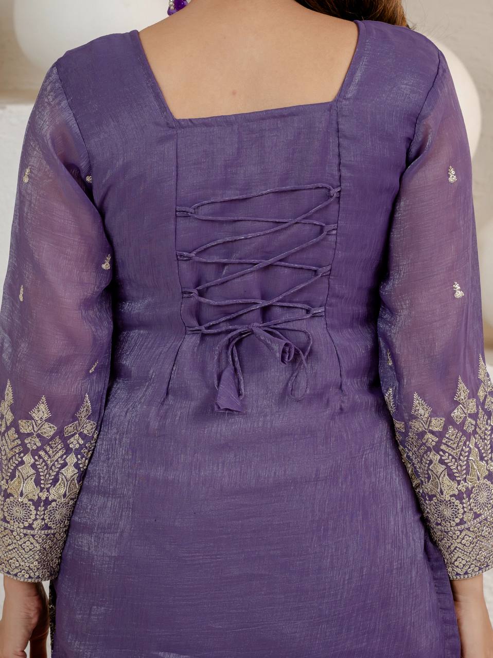 Grape Purple Crunchy Silk 3-Piece Palazzo Suit with 3mm Sequence Embroidery