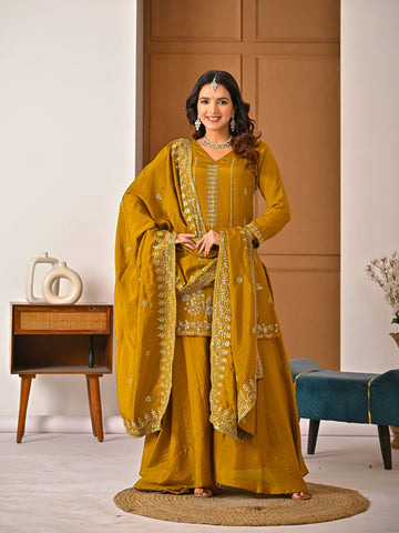 Gothic Gold Vichitra Silk Embroidere  Sharara Suit with Embroidere Dupatta