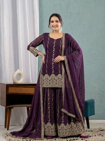 Wine Crunchy Silk 3mm Sequence Embroiderey Sharara Suit with Matching Dupatta