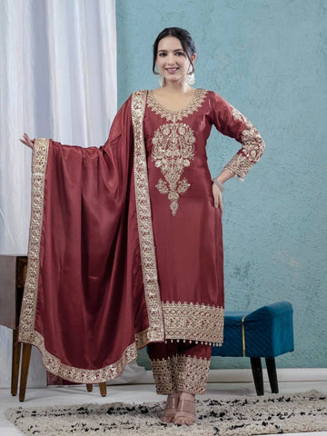 Burgundy Chinnon Silk Embroidery Coding Sequence Work Pant Suit with Dupatta