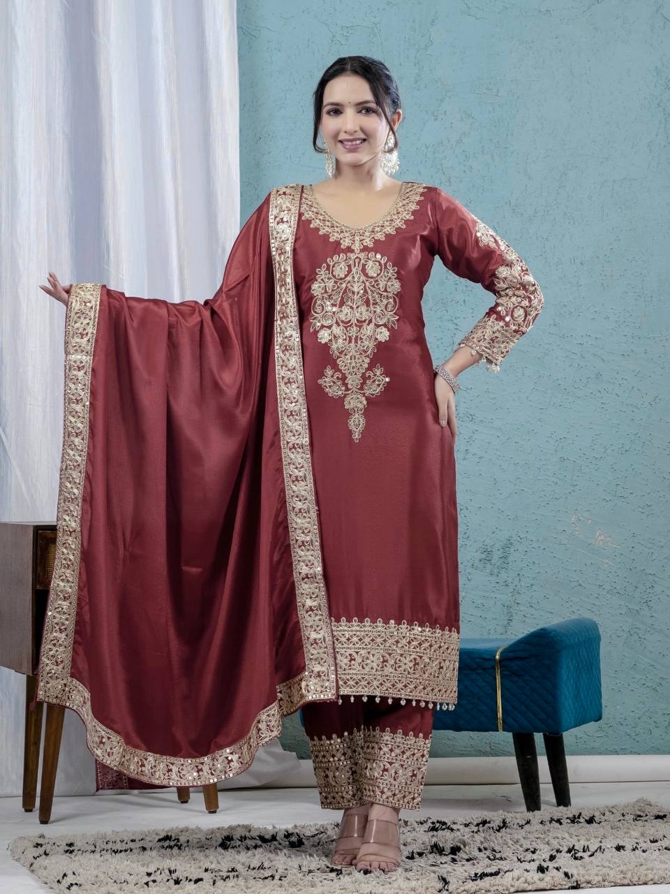 Burgundy Chinnon Silk Embroidery Coding Sequence Work Pant Suit with Dupatta