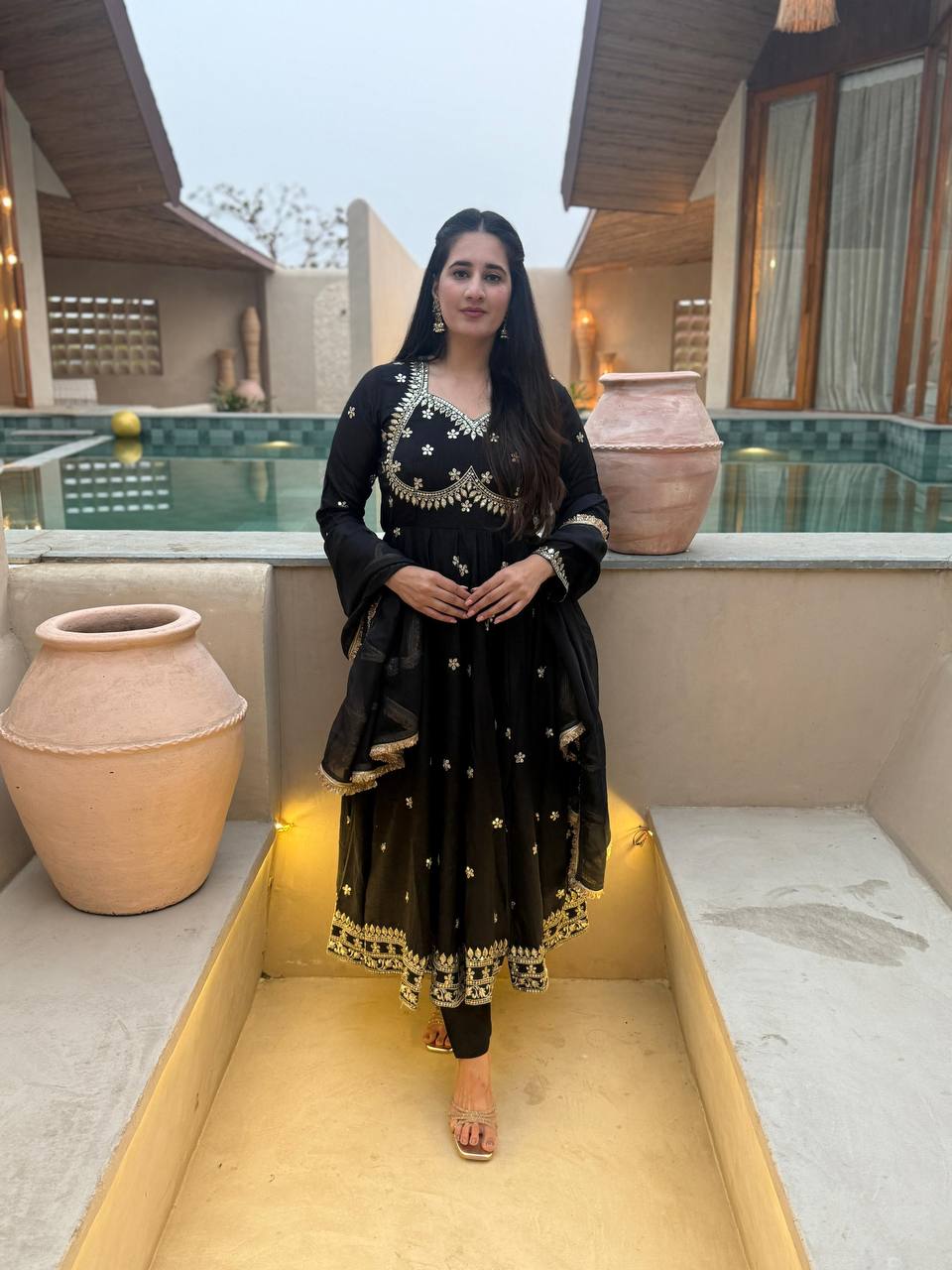 Classic Black Vichitra Silk 5mm Sequence Embroidere Anarkali Suit with Pant & Dupatta