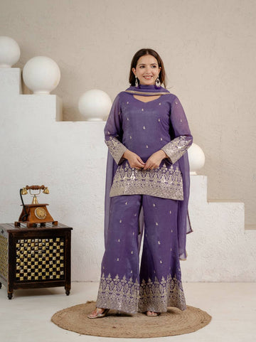 Grape Purple Crunchy Silk 3-Piece Palazzo Suit with 3mm Sequence Embroidery
