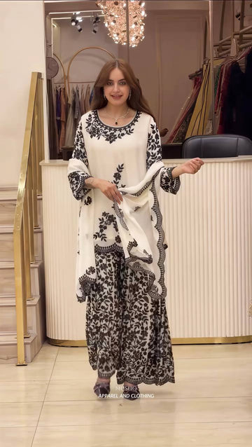 White Faux Georgette Embroidery Sequence Sharara Set