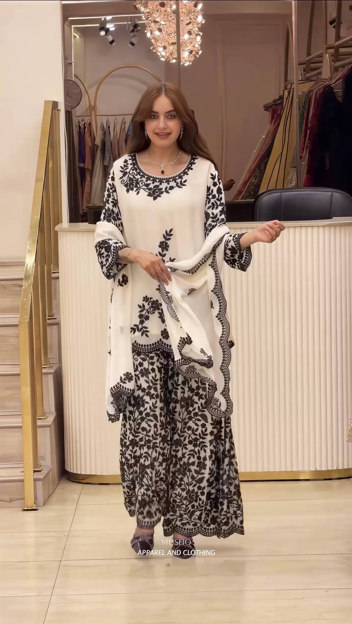 White Faux Georgette Embroidery Sequence Sharara Set