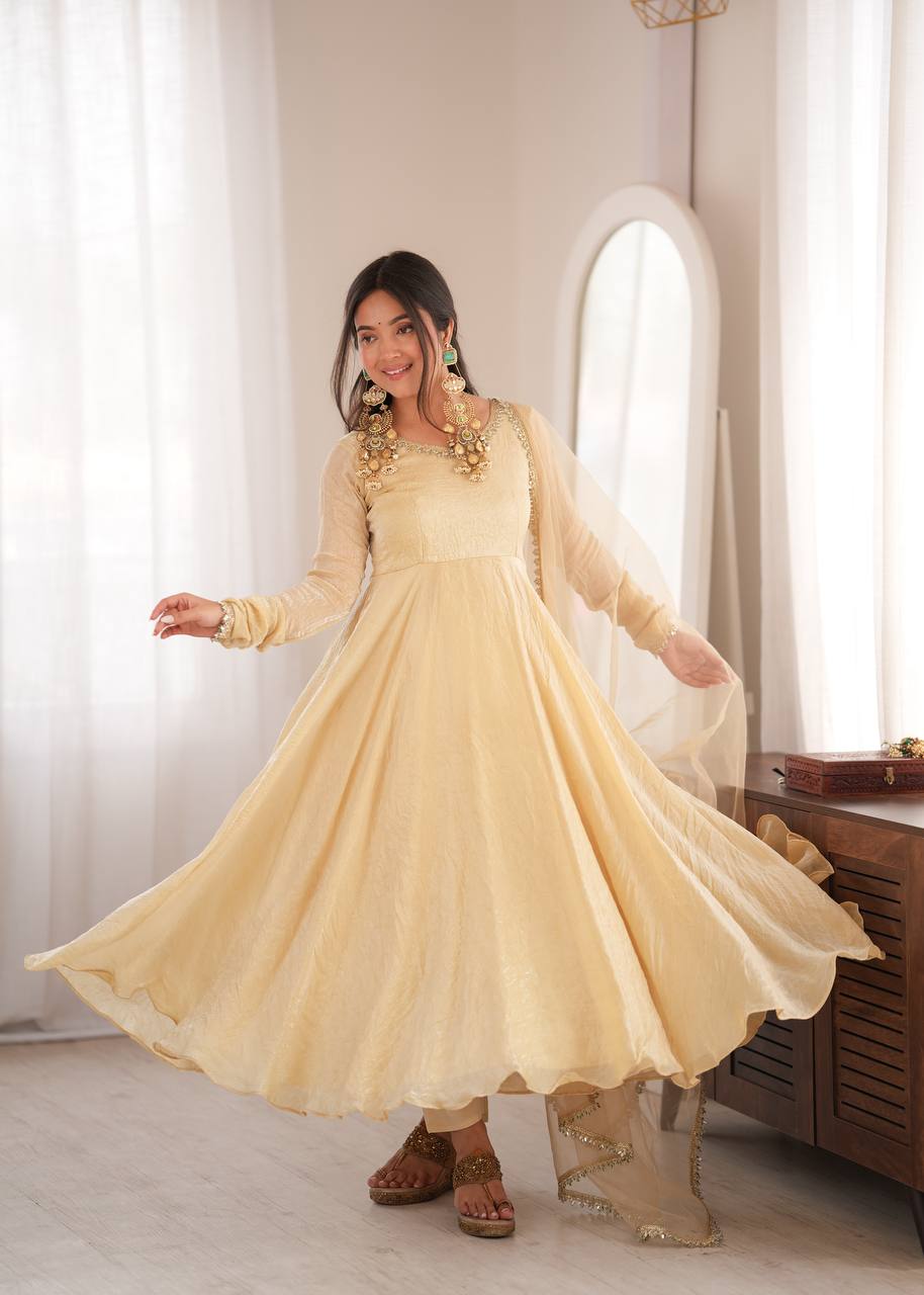 Off White Crush Work 5 Meter Flair 3-Piece Gown Set with Butterfly Net Dupatta