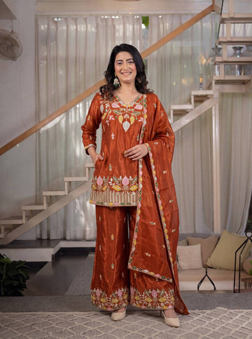 Rust Orange Sindoori Satin Silk 3-Piece Palazzo Pant Set with 5mm Sequence Embroidery
