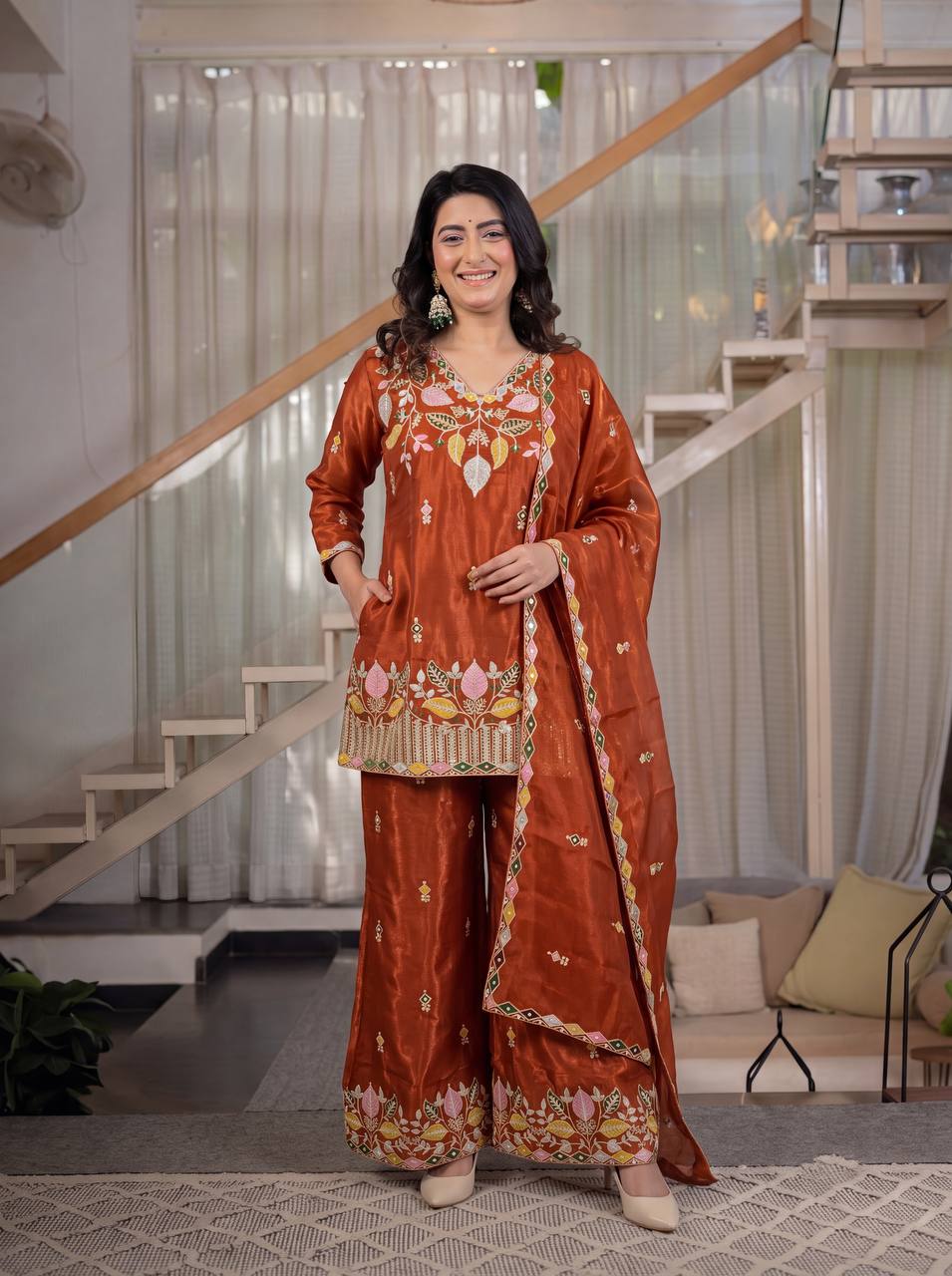 Rust Orange Sindoori Satin Silk 3-Piece Palazzo Pant Set with 5mm Sequence Embroidery