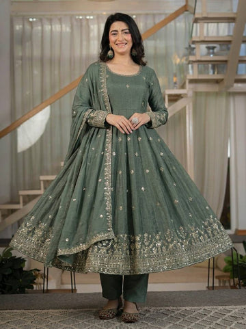 Sage Green Crunchy Silk 5mm Sequence Embroidere Anarkali Suit with Pant & Dupatta
