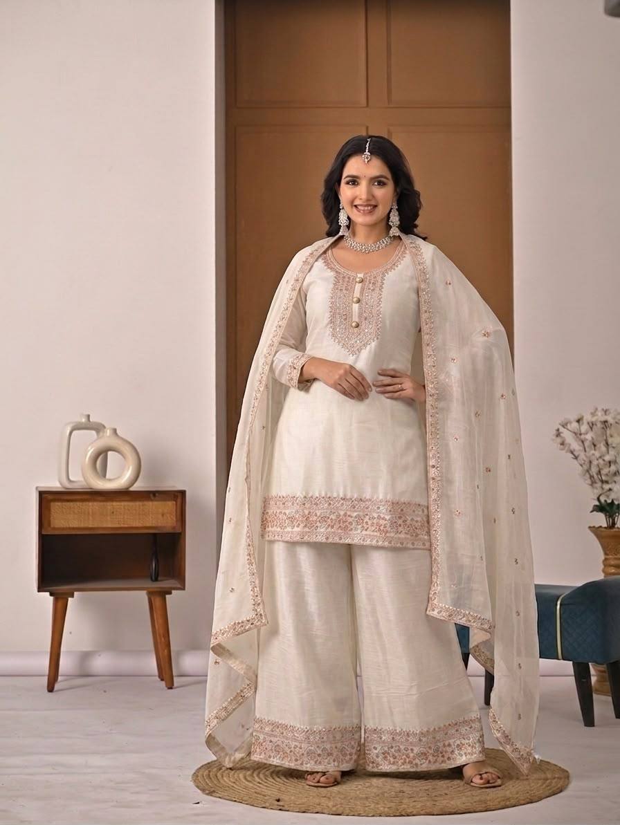 Ivory Crunchy Silk 3-Piece Palazzo Suit with Embroidery Work