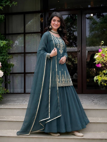Tel Blue Roman Cotton 5mm Sequence Embroidery Lehenga Set Piece