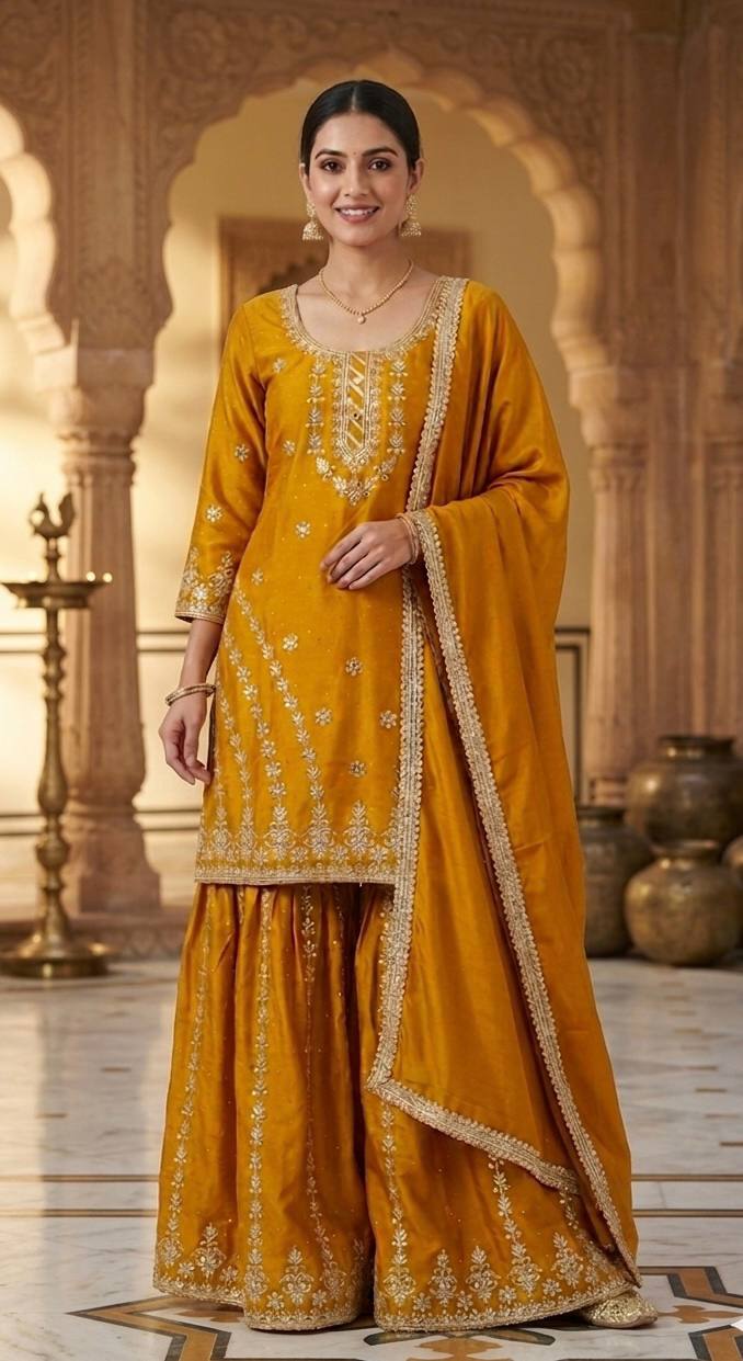 Mustard Yellow Chinnon Silk Embroidere Palazzo Suit with Diamond Work & Fancy Dupatta
