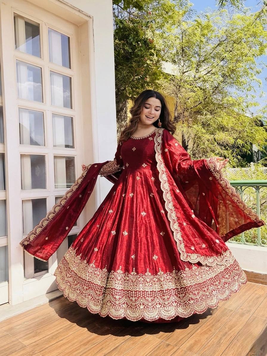 Red Fendy Silk Embroidery Sequence Work 3-Piece Gown Set with Lace Border Dupatta