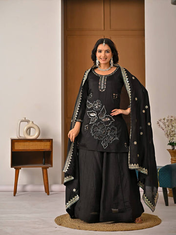 Black Vichitra Silk Bits & Sequence Embroidery Set with 3-Piece Sharara