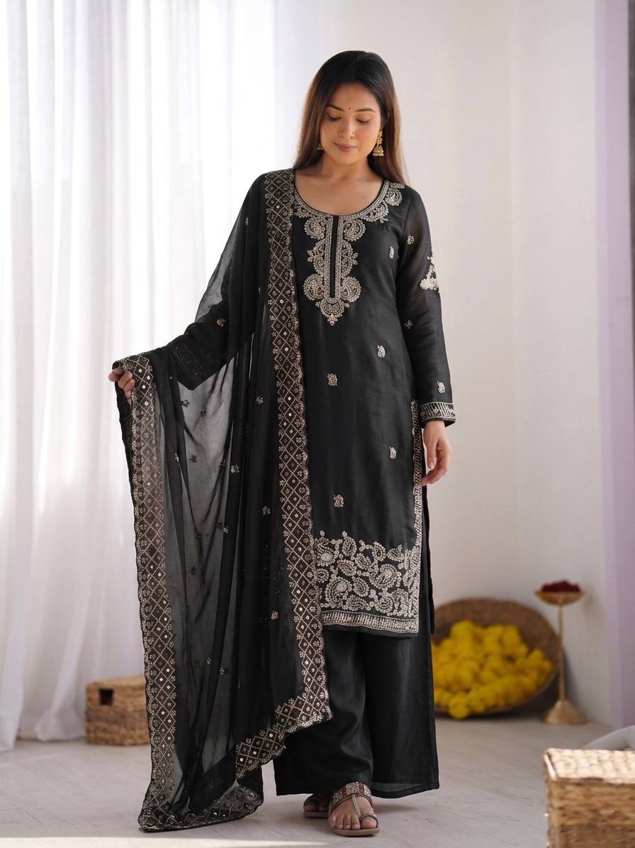 Black GMY Choo Silk Beads & Sequence Work with Sharara Set