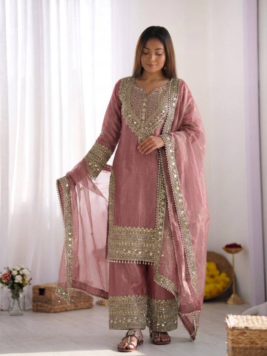 Pink Fendy Silk Embroidery Sequence Work 3-Piece Sharara with Lace Border Set