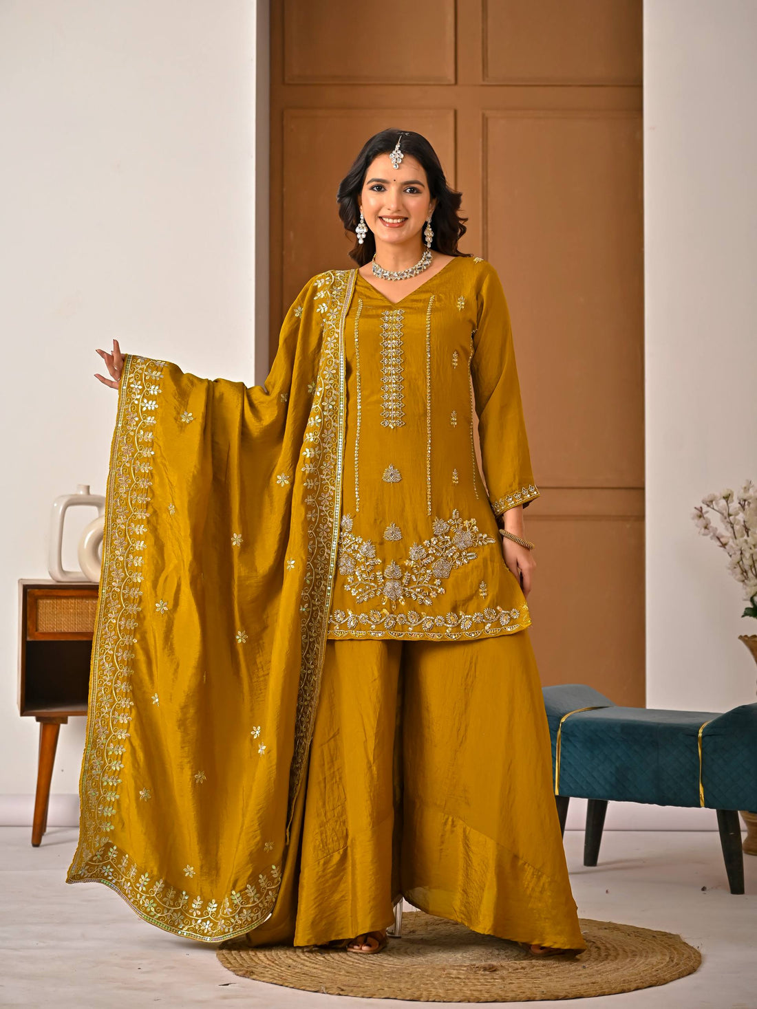 Gothic Gold Vichitra Silk Embroidere  Sharara Suit with Embroidere Dupatta