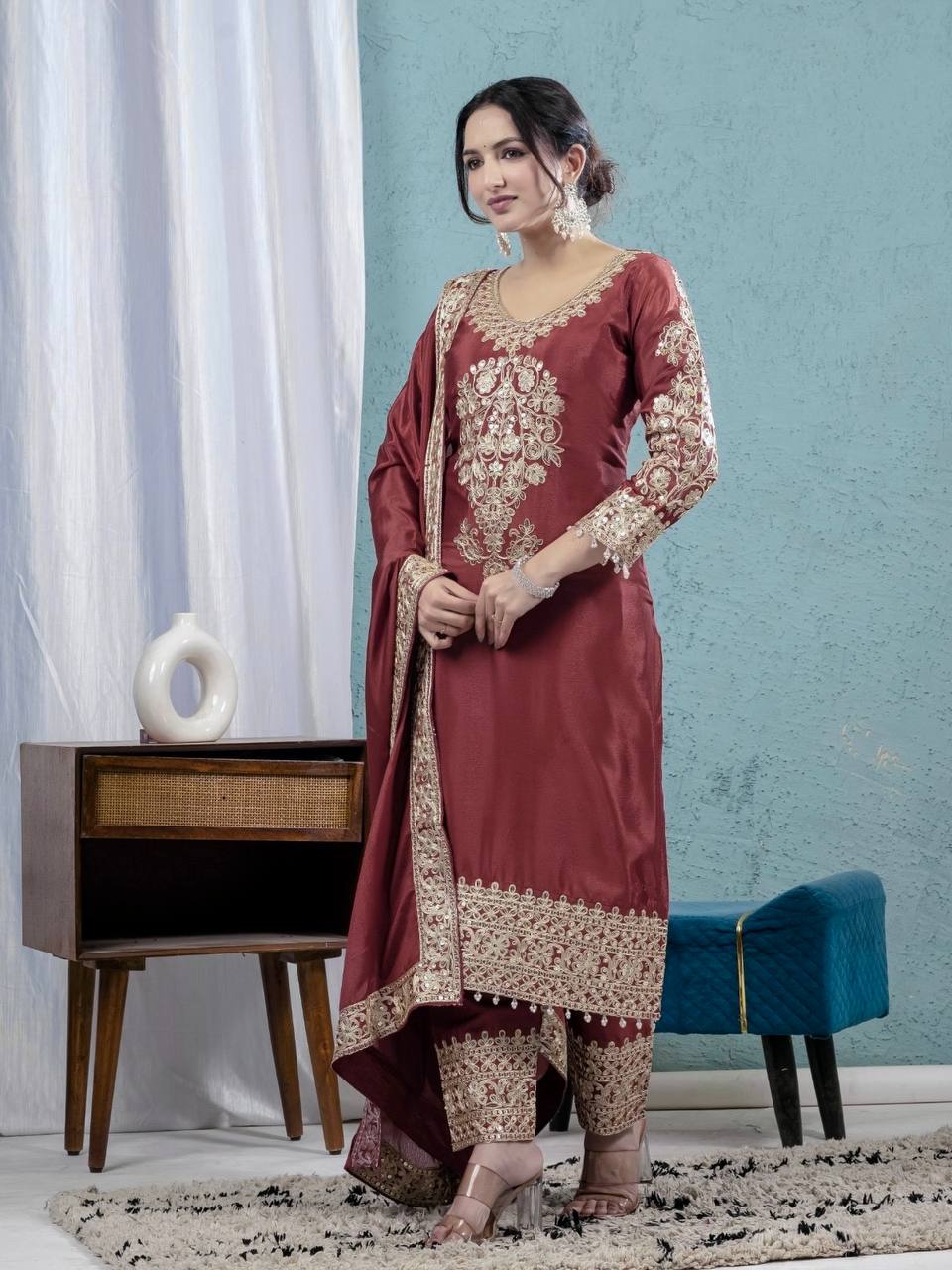 Burgundy Chinnon Silk Embroidery Coding Sequence Work Pant Suit with Dupatta