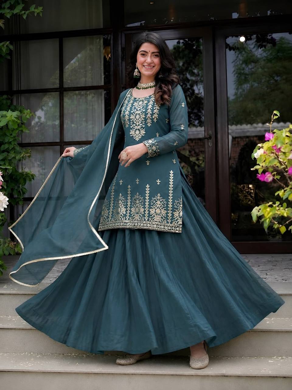 Tel Blue Roman Cotton 5mm Sequence Embroidery Lehenga Set Piece