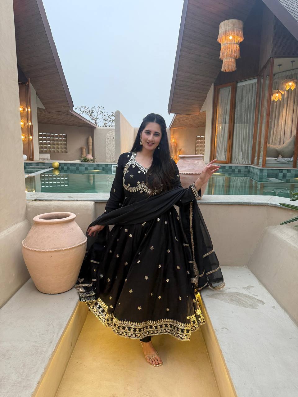 Classic Black Vichitra Silk 5mm Sequence Embroidere Anarkali Suit with Pant & Dupatta