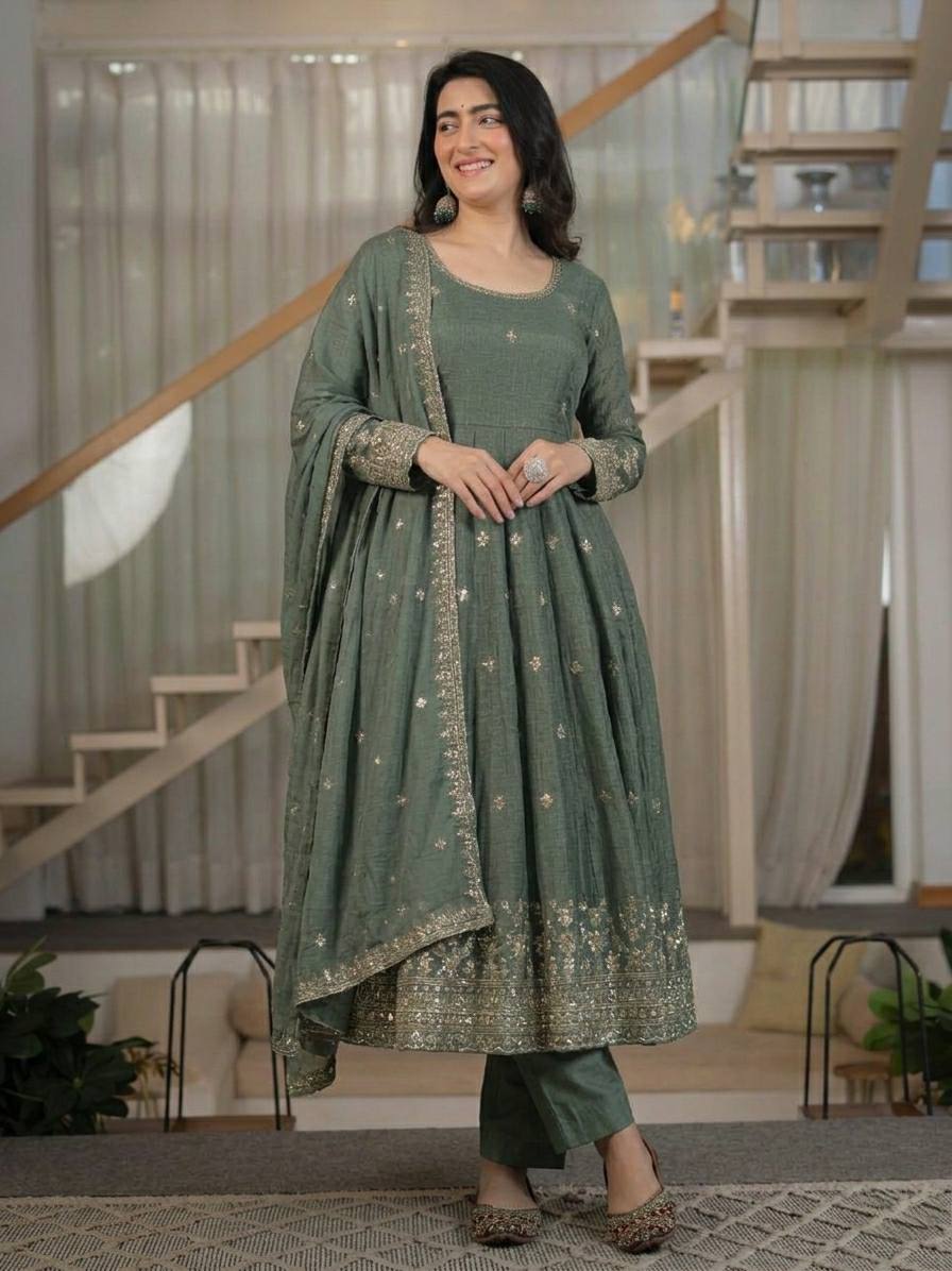 Sage Green Crunchy Silk 5mm Sequence Embroidere Anarkali Suit with Pant & Dupatta