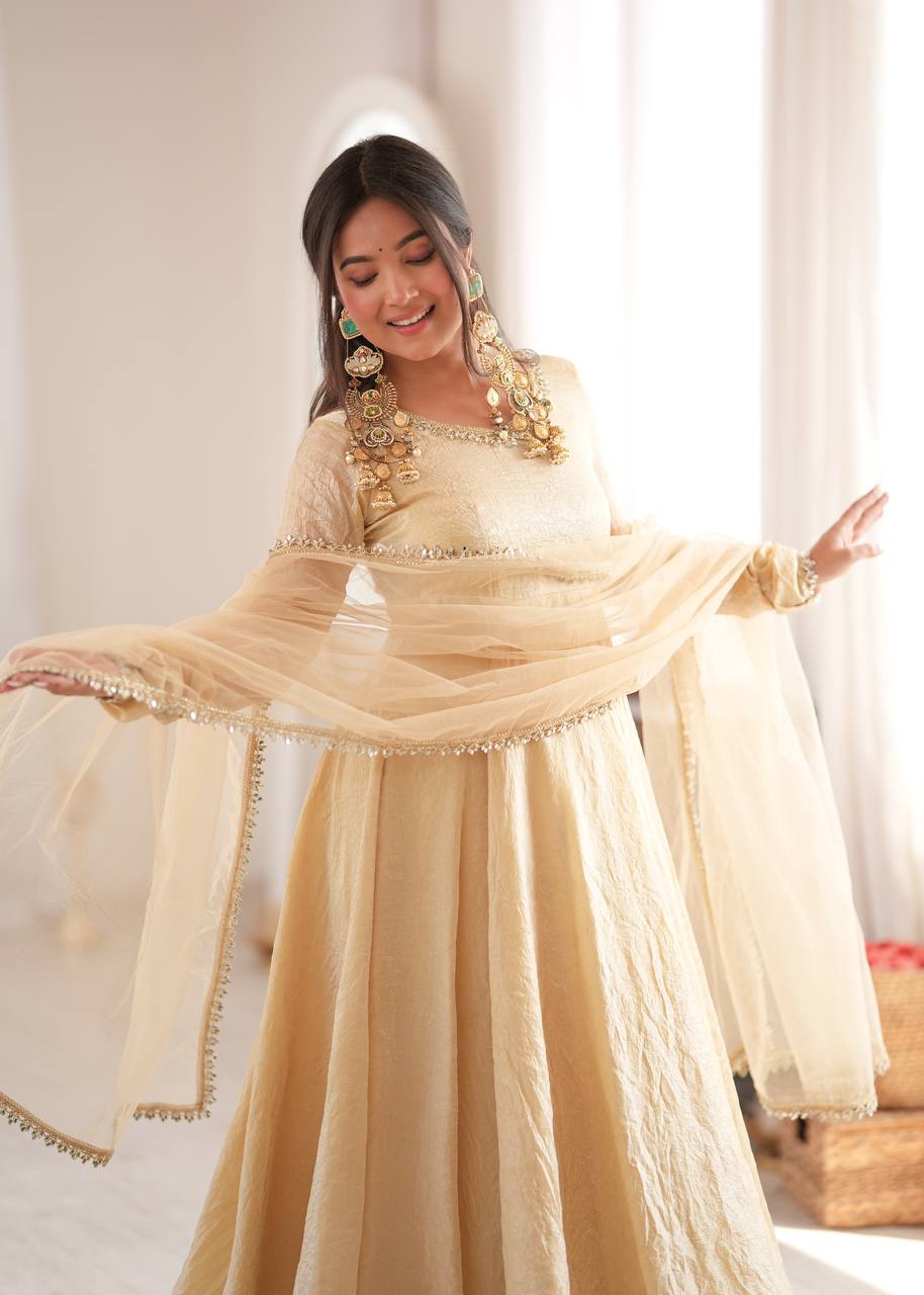 Off White Crush Work 5 Meter Flair 3-Piece Gown Set with Butterfly Net Dupatta