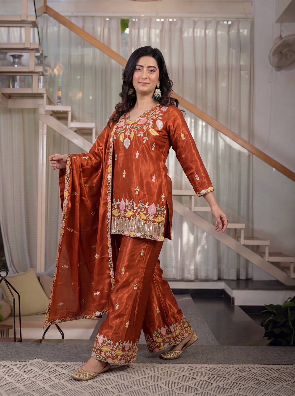 Rust Orange Sindoori Satin Silk 3-Piece Palazzo Pant Set with 5mm Sequence Embroidery