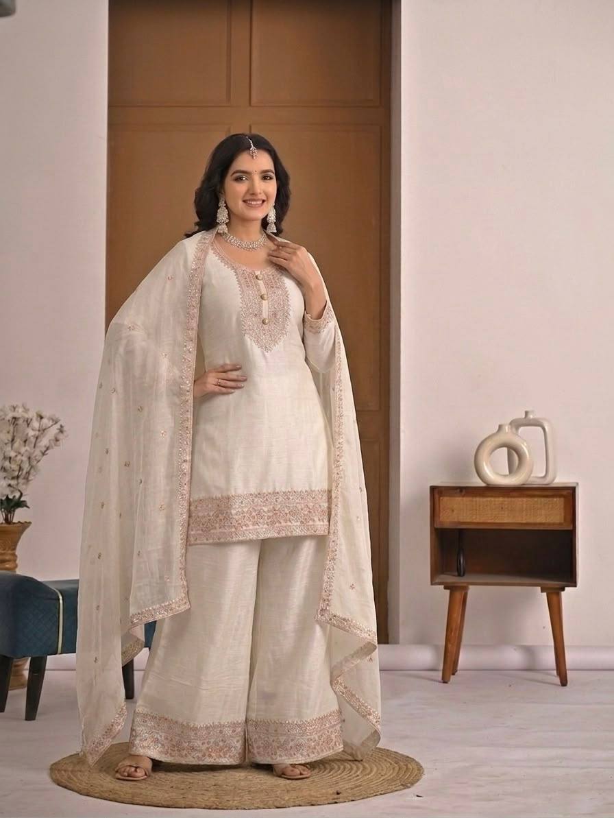 Ivory Crunchy Silk 3-Piece Palazzo Suit with Embroidery Work