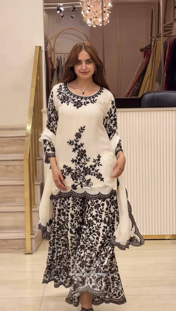 White Faux Georgette Embroidery Sequence Sharara Set