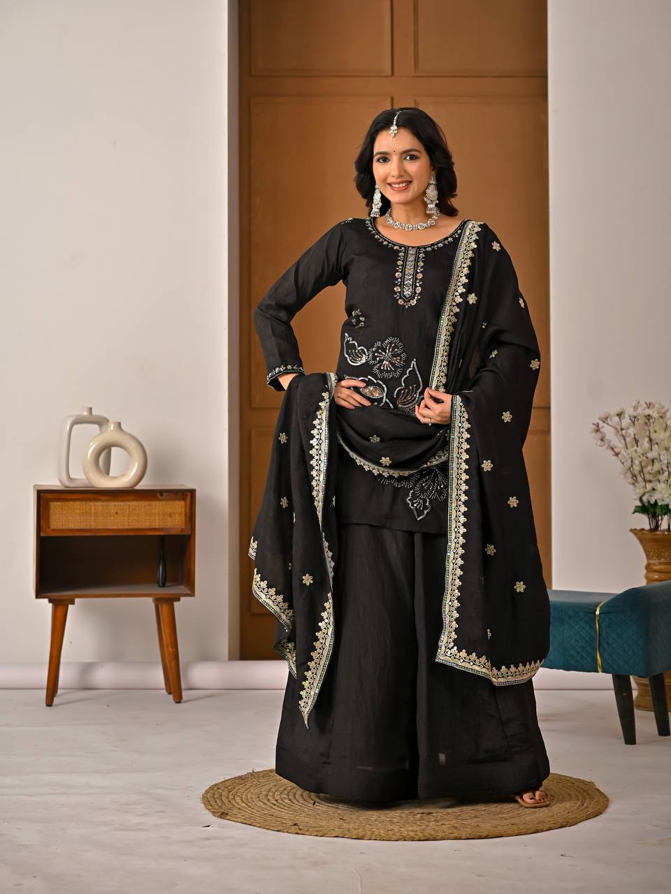 Classic Black Vichitra Silk Bits Handwork & 5mm Sequence Embroiderey Sharara Suit with Dupatta