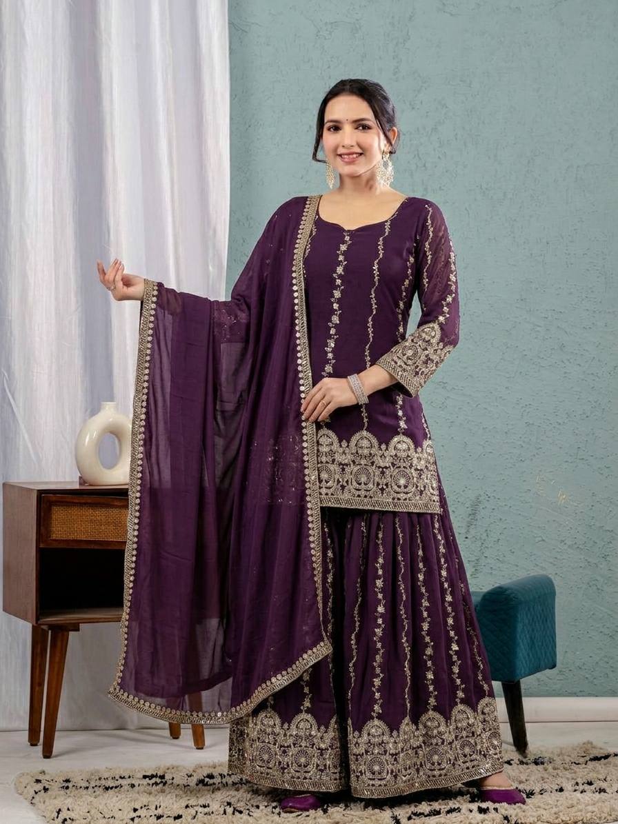 Wine Crunchy Silk 3mm Sequence Embroiderey Sharara Suit with Matching Dupatta