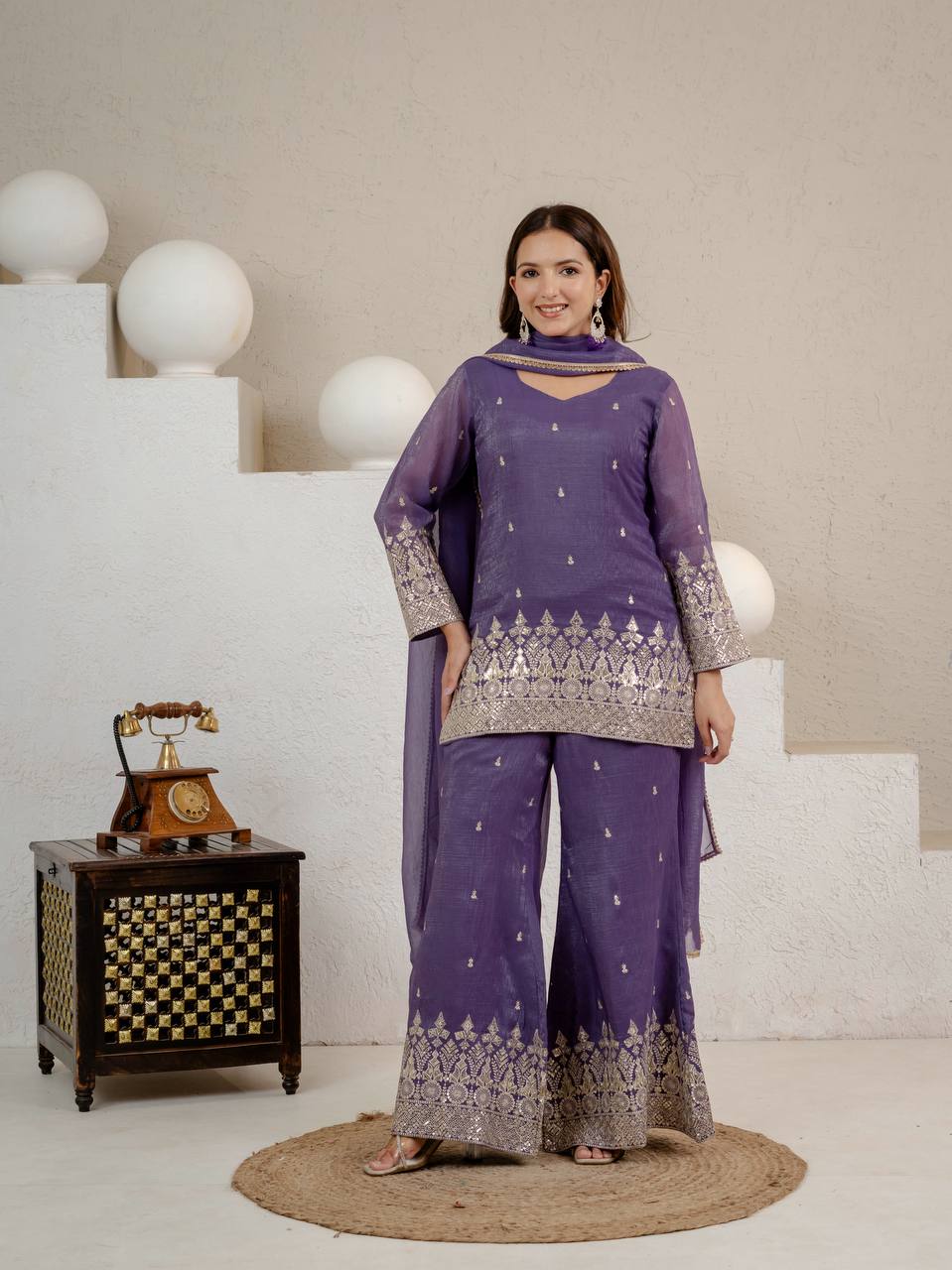Grape Purple Crunchy Silk 3-Piece Palazzo Suit with 3mm Sequence Embroidery
