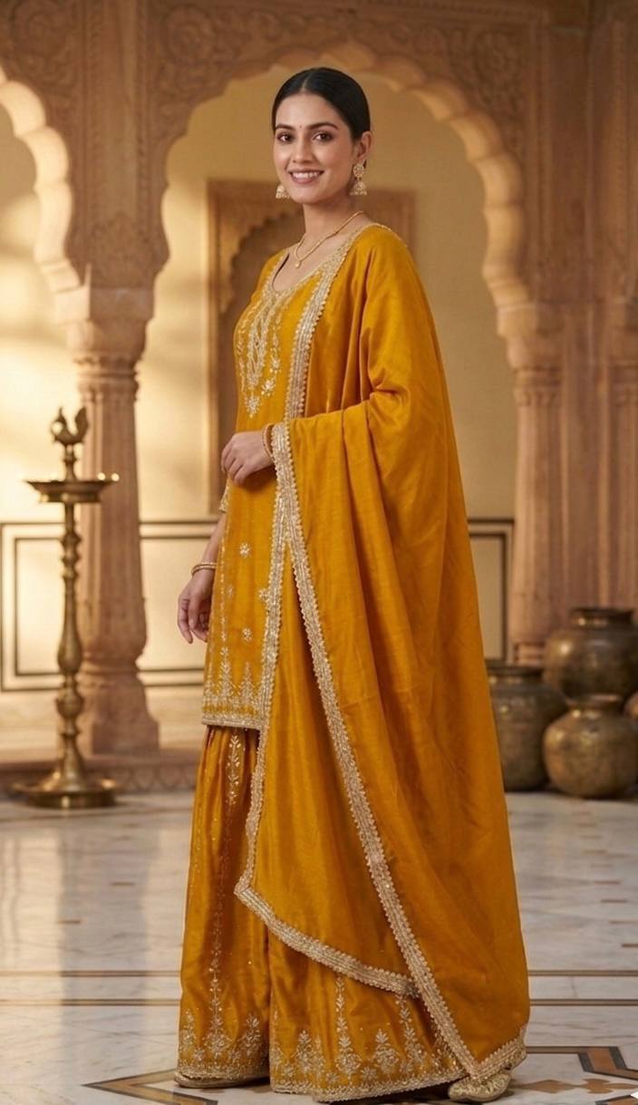 Mustard Yellow Chinnon Silk Embroidere Palazzo Suit with Diamond Work & Fancy Dupatta