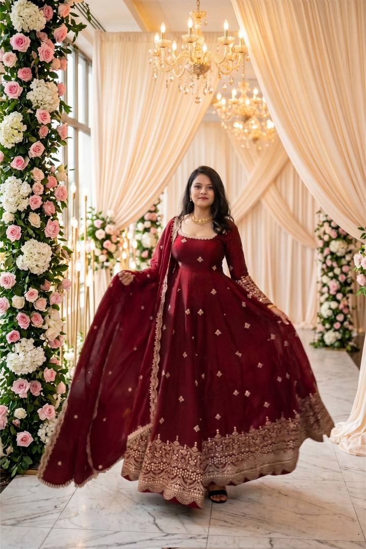 Red Fendy Silk Embroidery Sequence Work 3-Piece Gown Set with Lace Border Dupatta