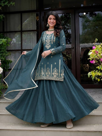 Dark Rama Green Roman Cotton 3-Piece Lehenga Set with 5mm Sequence Embroidery