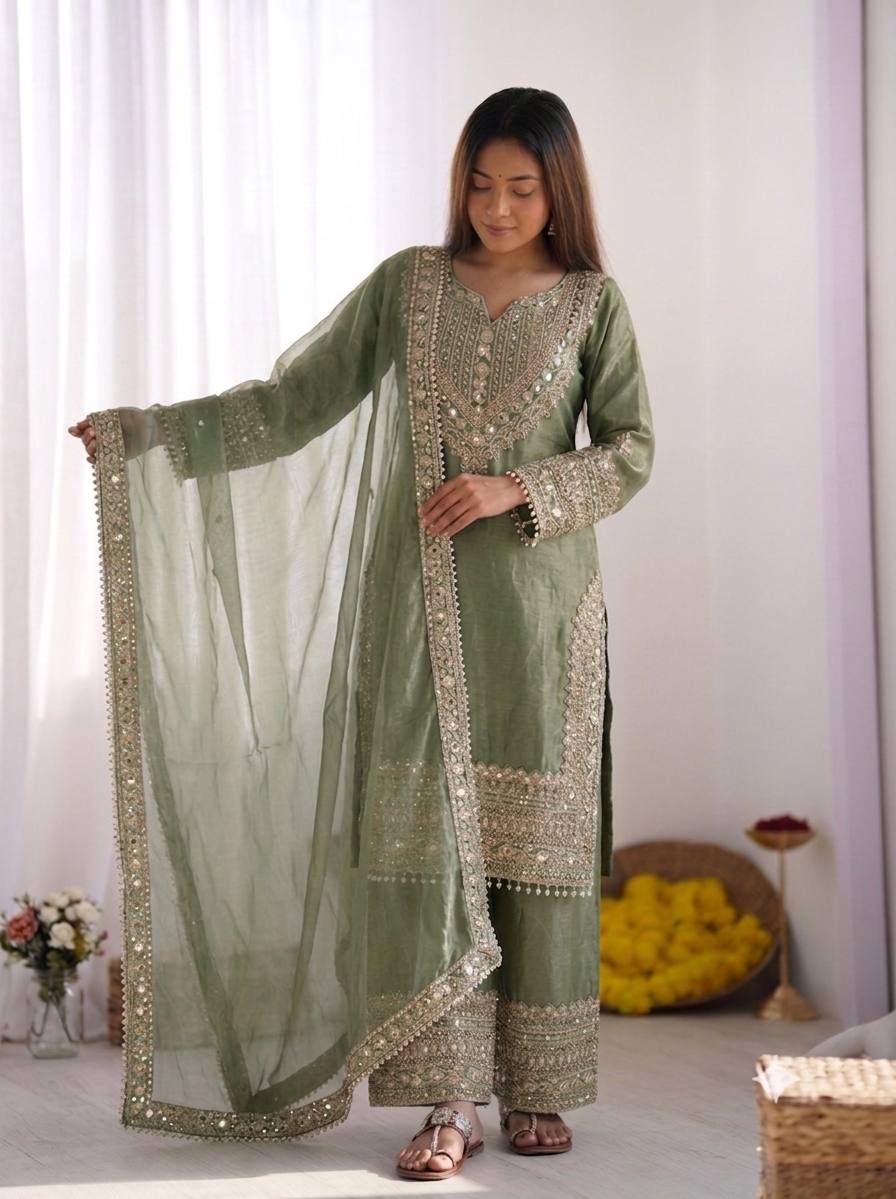 Aqua Green Fendy Silk Embroidery Sequence Work 3-Piece Sharara with Lace Border Set
