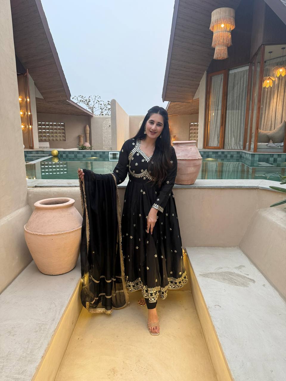 Classic Black Vichitra Silk 5mm Sequence Embroidere Anarkali Suit with Pant & Dupatta