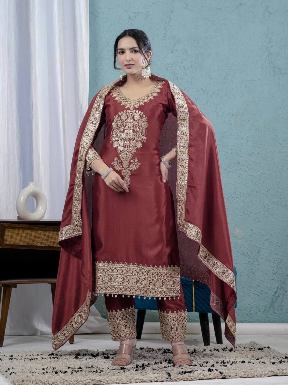Burgundy Chinnon Silk Embroidery Coding Sequence Work Pant Suit with Dupatta