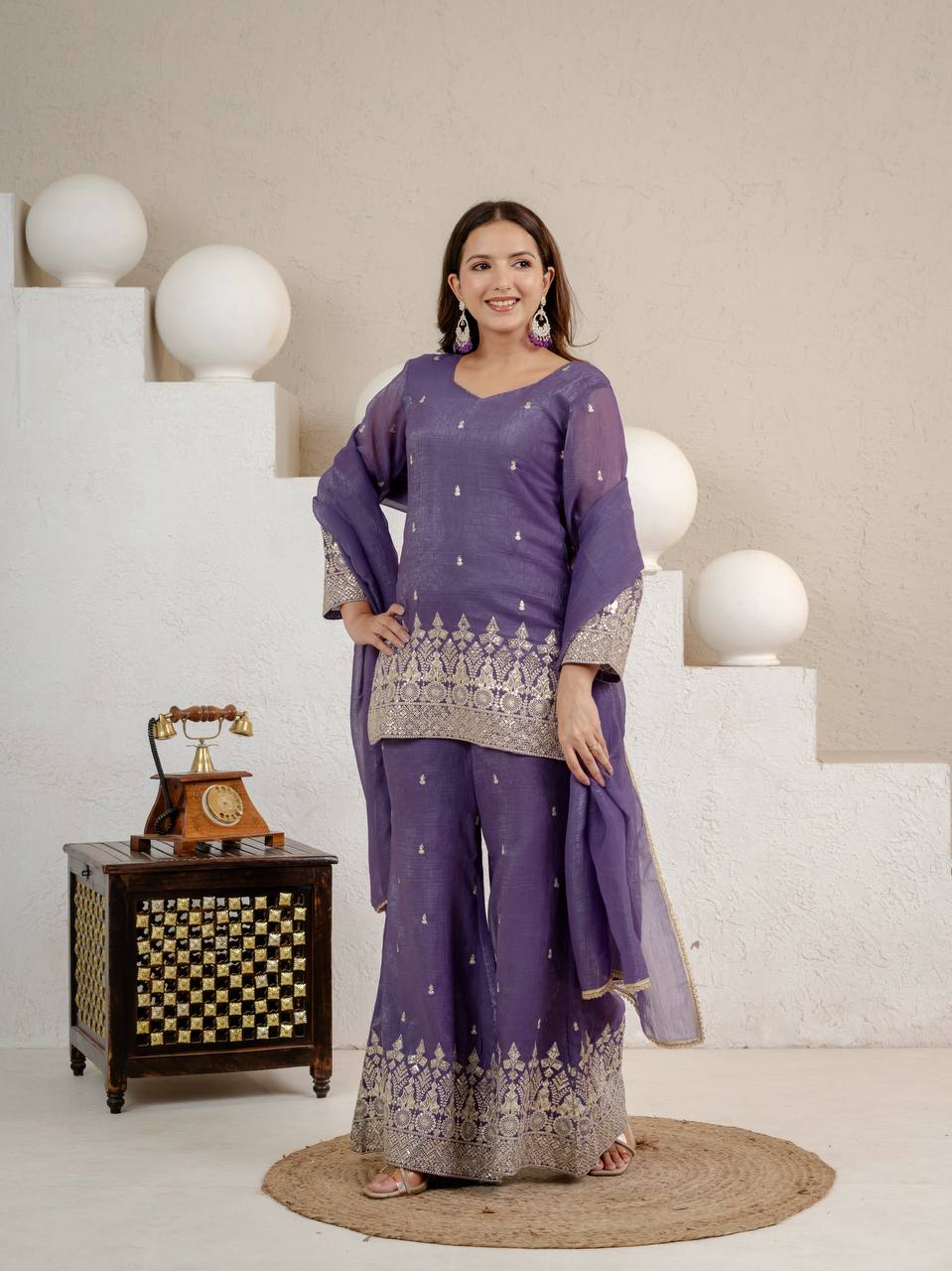 Grape Purple Crunchy Silk 3-Piece Palazzo Suit with 3mm Sequence Embroidery