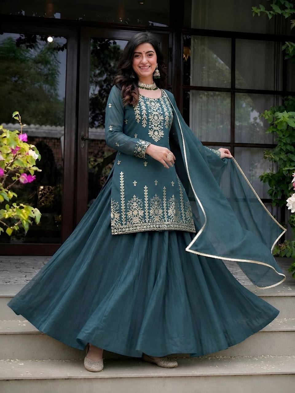 Dark Rama Green Roman Cotton 3-Piece Lehenga Set with 5mm Sequence Embroidery