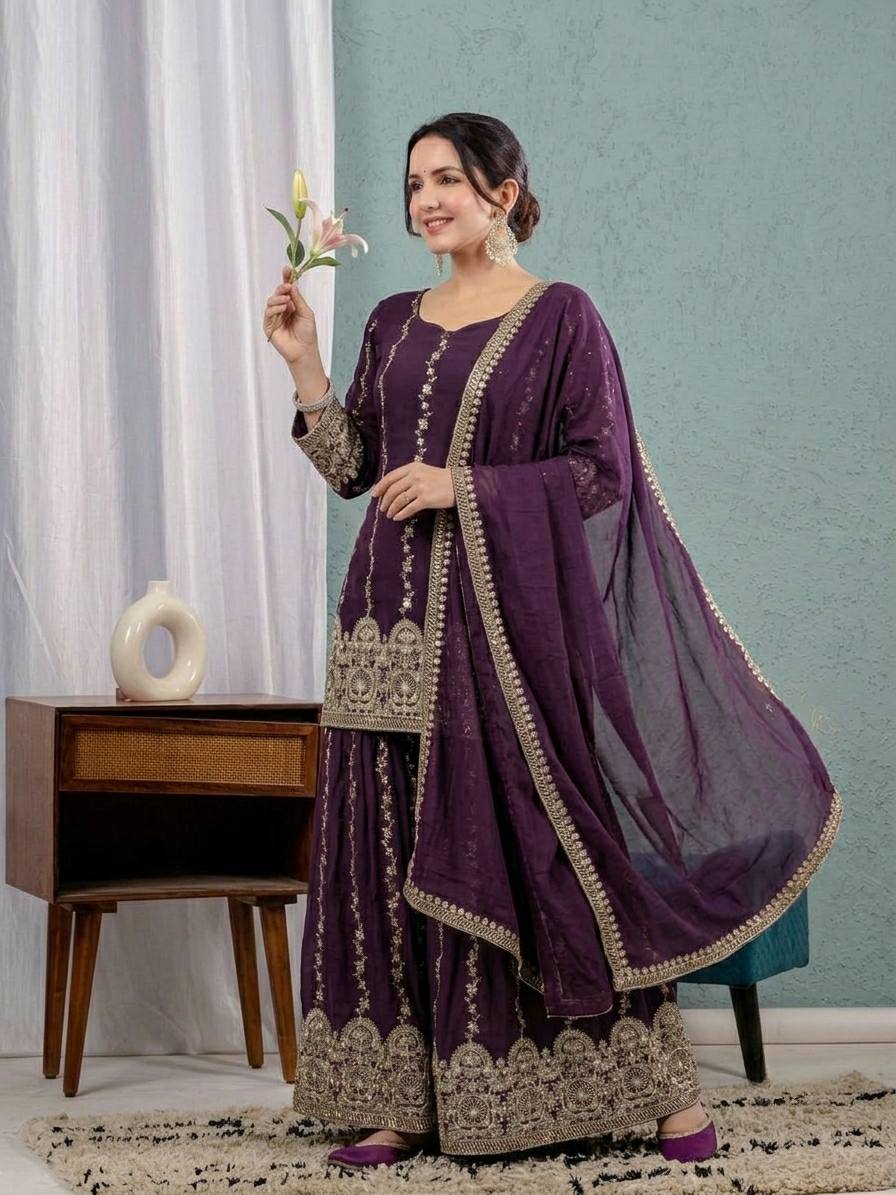 Wine Crunchy Silk 3mm Sequence Embroiderey Sharara Suit with Matching Dupatta