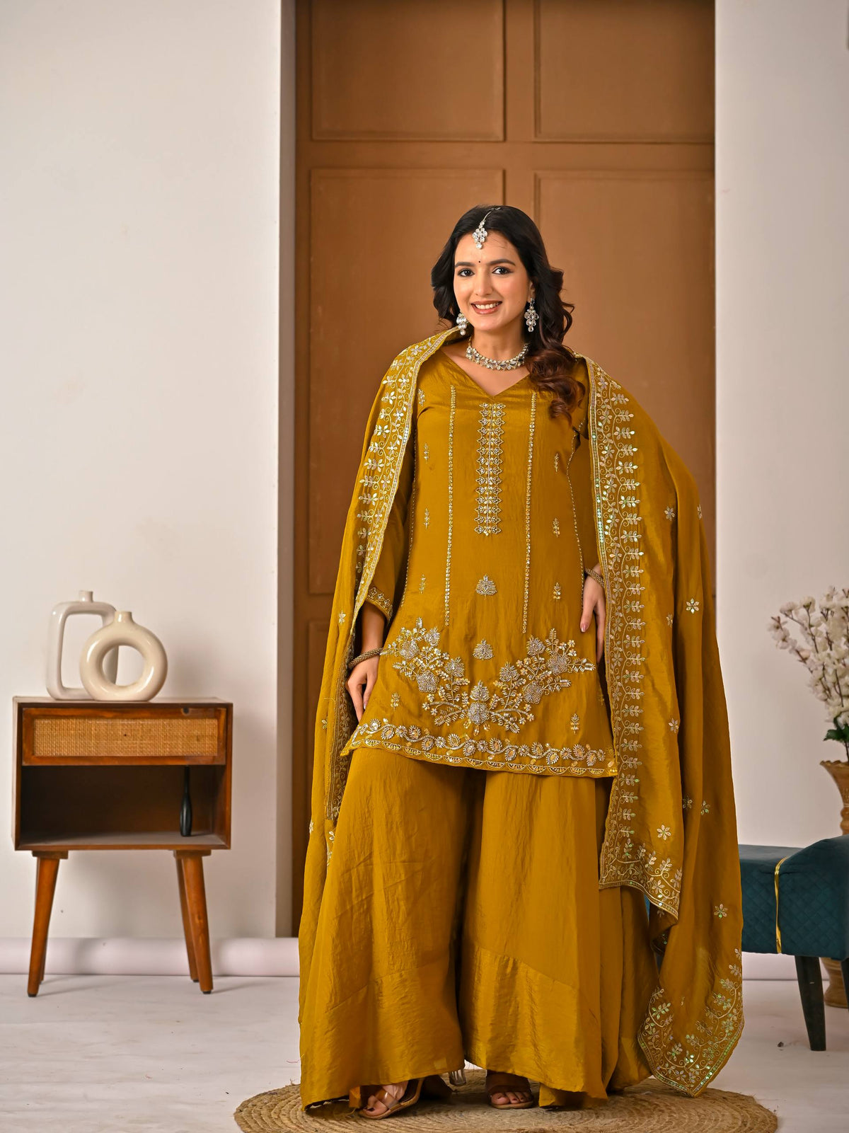 Gothic Gold Vichitra Silk Embroidere  Sharara Suit with Embroidere Dupatta