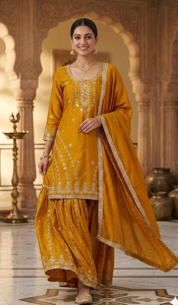 Mustard Yellow Chinnon Silk Embroidere Palazzo Suit with Diamond Work & Fancy Dupatta