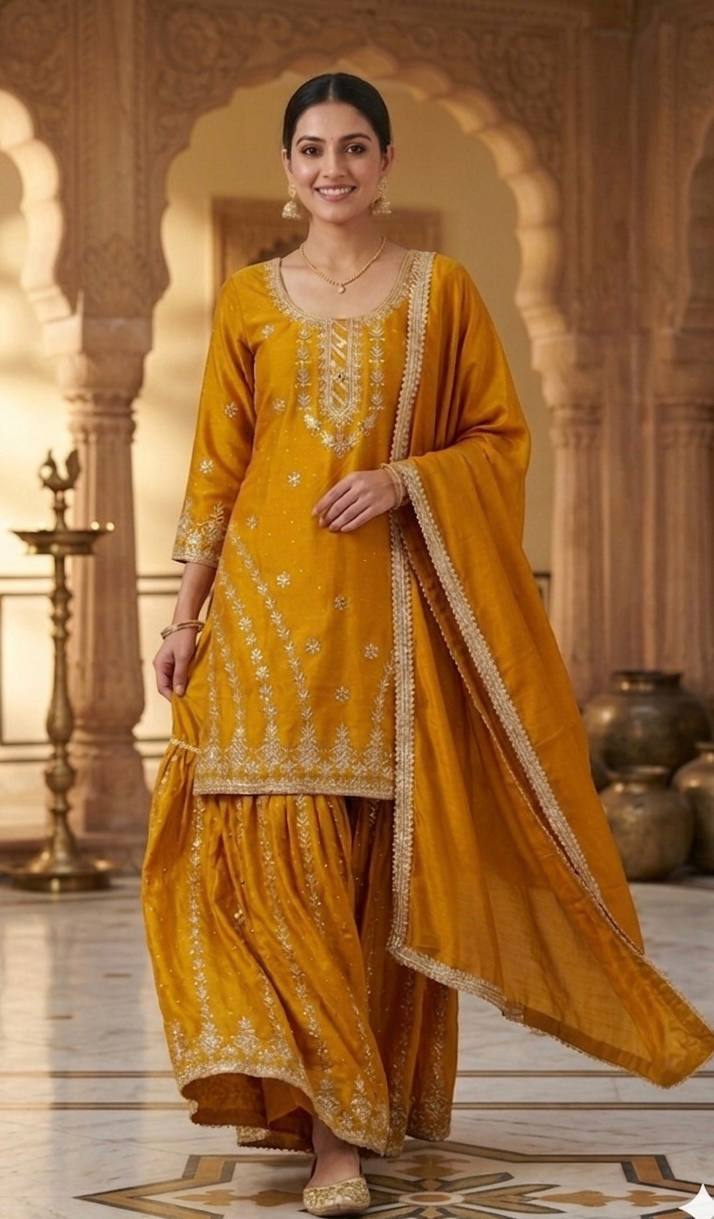 Mustard Yellow Chinnon Silk Embroidere Palazzo Suit with Diamond Work & Fancy Dupatta