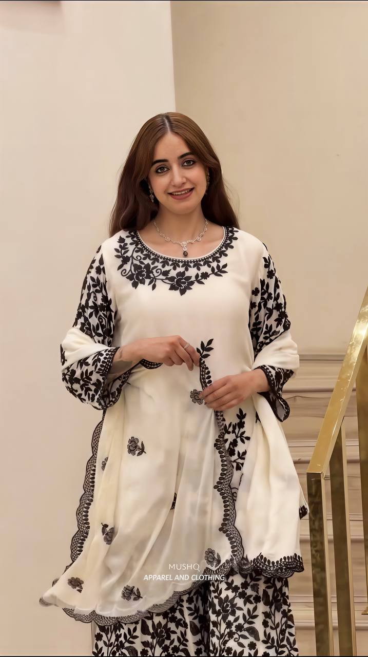 White Faux Georgette Embroidery Sequence Sharara Set