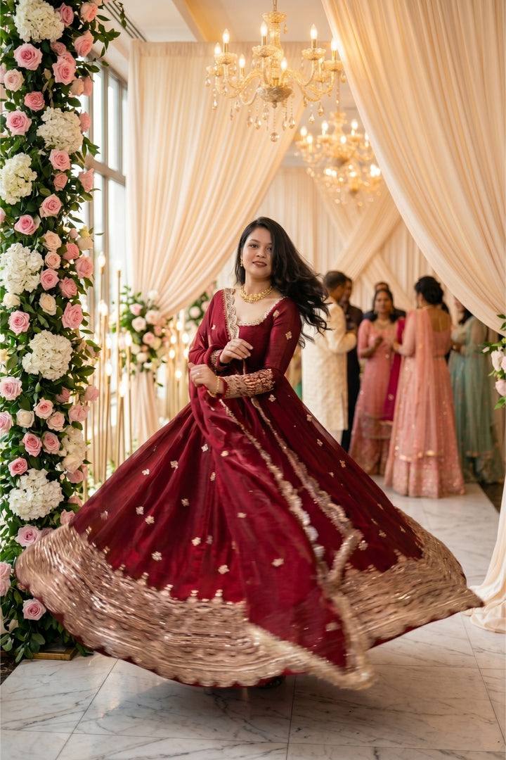 Red Fendy Silk Embroidery Sequence Work 3-Piece Gown Set with Lace Border Dupatta
