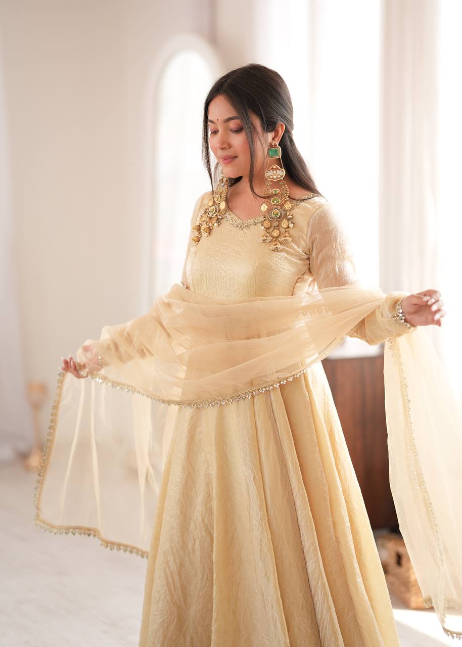 Off White Crush Work 5 Meter Flair 3-Piece Gown Set with Butterfly Net Dupatta