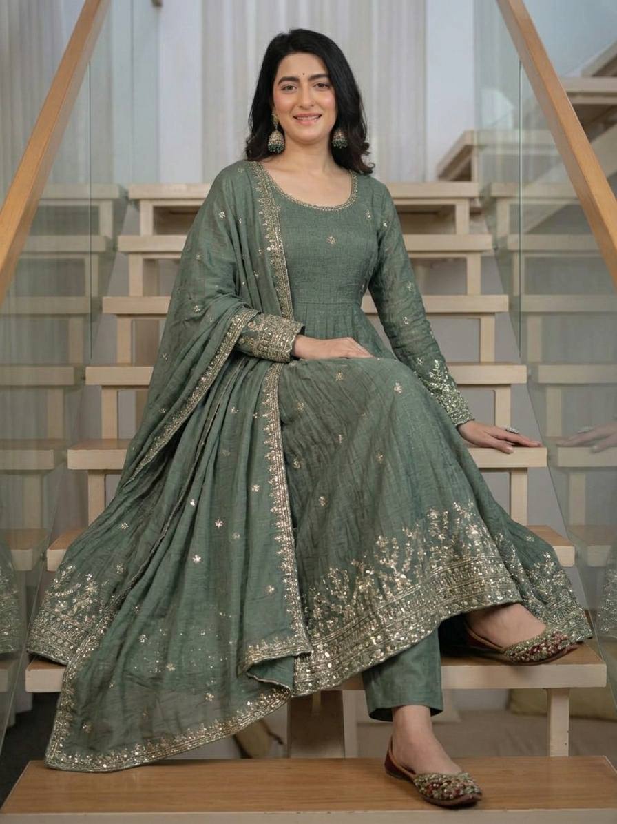 Sage Green Crunchy Silk 5mm Sequence Embroidere Anarkali Suit with Pant & Dupatta