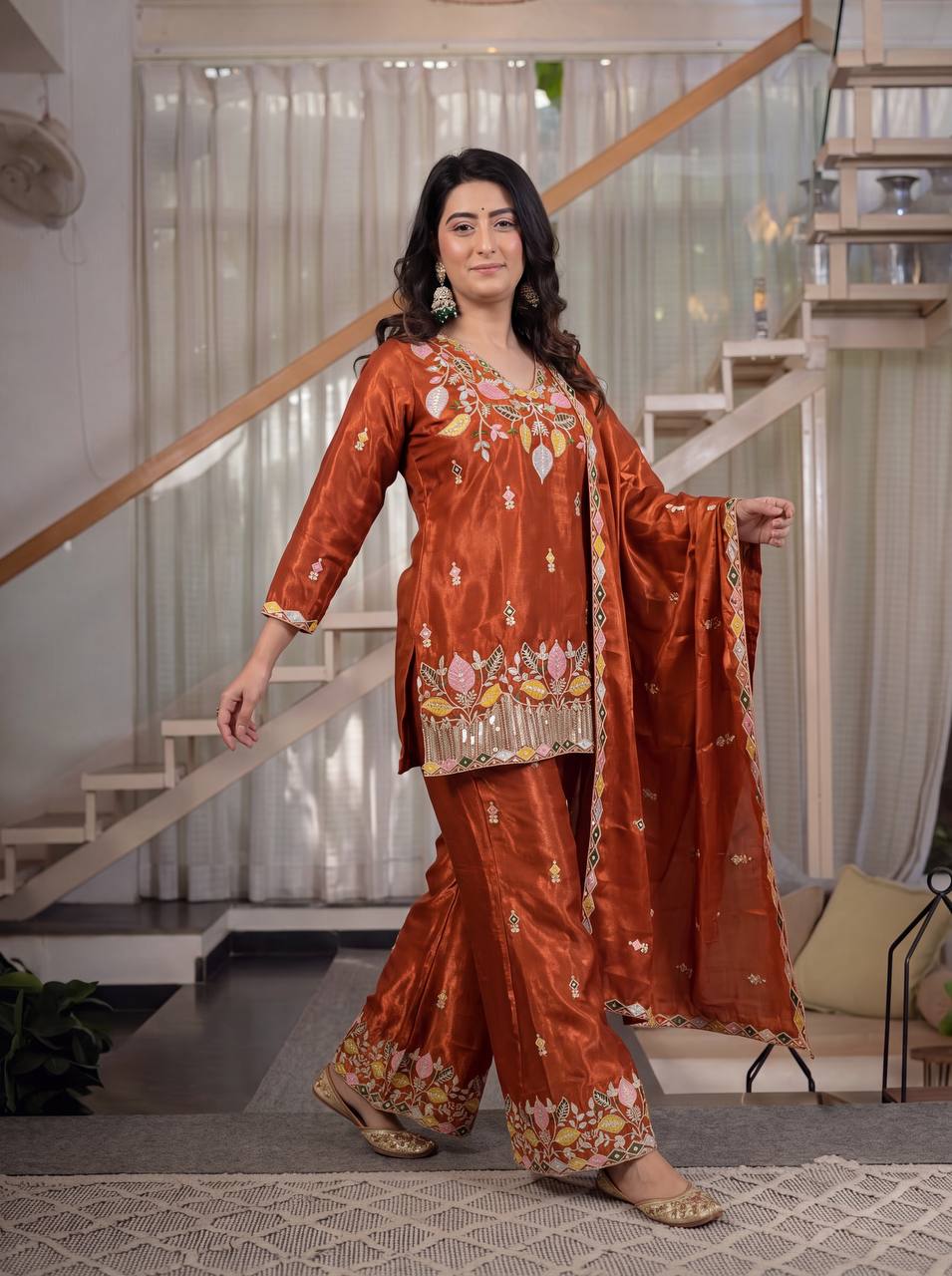 Rust Orange Sindoori Satin Silk 3-Piece Palazzo Pant Set with 5mm Sequence Embroidery